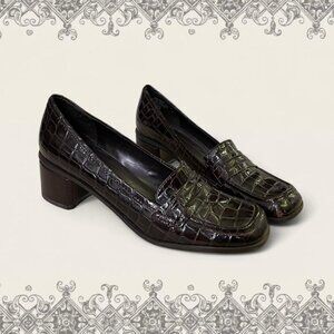 Vintage Black-ish brown crocodile-embossed leather block heel loafers